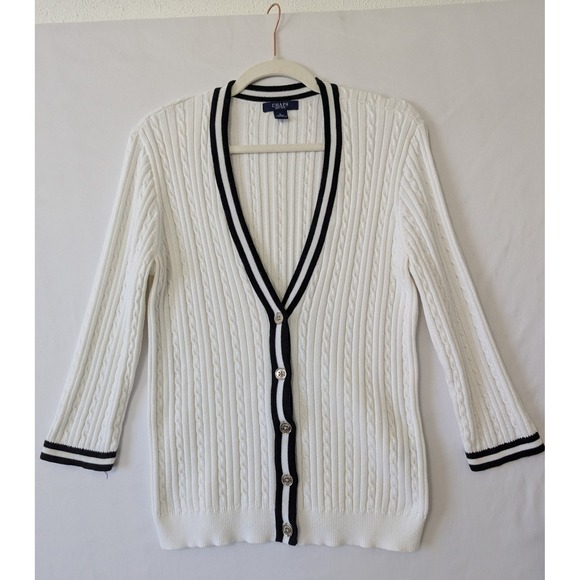 Chaps Cardigan Preppy Tennis Sweater Size L White Black Trim Cable Knit Buttons - Picture 1 of 8